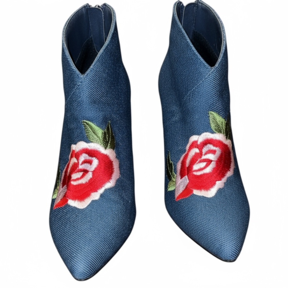 Blue Denim Floral Rose Embroidered Stiletto Heel Y2K Fashion Ankle Boots Size 9 - Picture 3 of 12